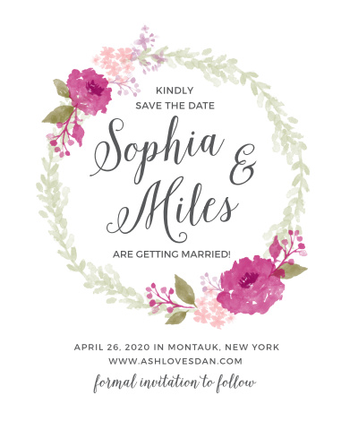 Announce your wedding with the Watercolor Wreath Save-the-Date Cards. 