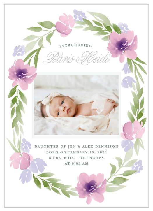 Surround your child with the watercolor flowers and greenery of the Floral Delight Baby Announcements.