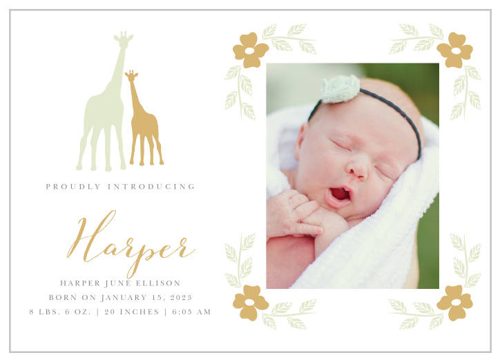 Sweet flowers frame your newborn's photo on the Delicate Giraffe Birth Announcements.