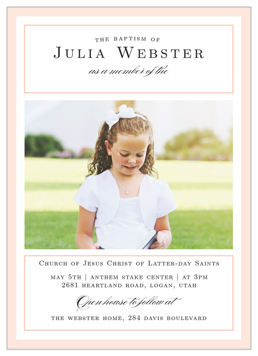 A pure white background surrounded by a thick, light coral pink border sets the tone for our traditional looking Moving On Girl LDS Baptism Invitations.