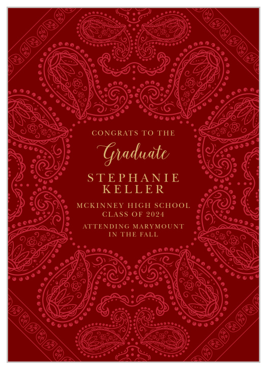 The Crazy Paisley Graduation Announcement is simple and fun. An intricate design surrounds this card and encases all of your information in the center.