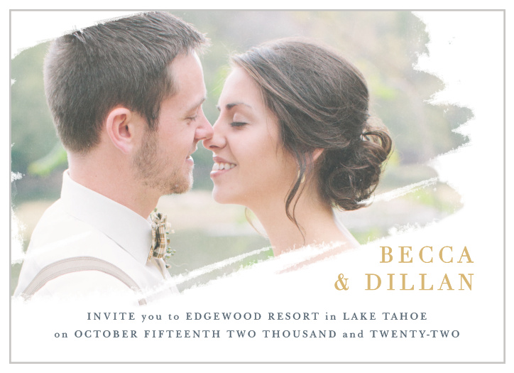 The Brushstroke Bliss Foil Wedding Invitations artistically display your engagement photo on the front of its design. 