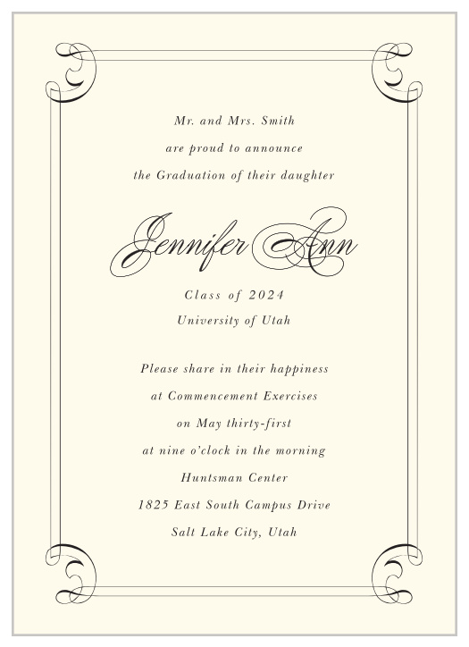 The  Victorian Stripes Graduation Invitation has a customizable pattern on both edges with text running the full length of the card. 