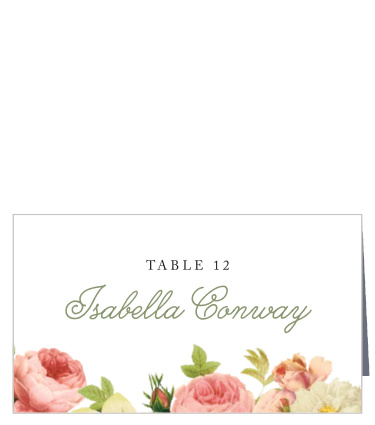 A beautiful bouquet of roses trail along the bottom of these Alluring Florals Place Cards, each with a unique color and in various states of bloom. 