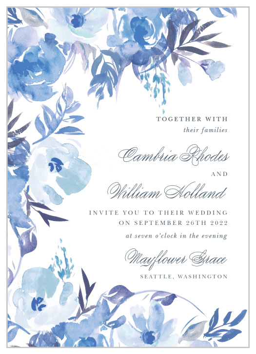 An array of monochromatic, watercolored wildflowers bloom across the Comely Wildflowers Wedding Invitations.