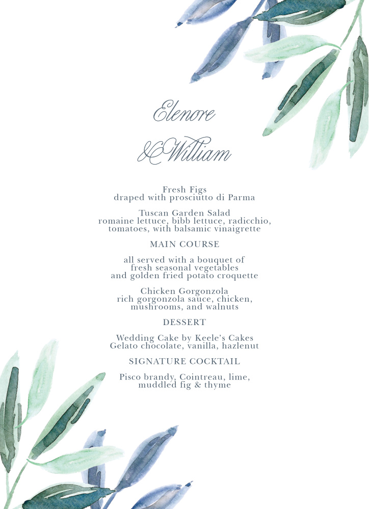 Olive Leaves Wedding Menus by Basic Invite