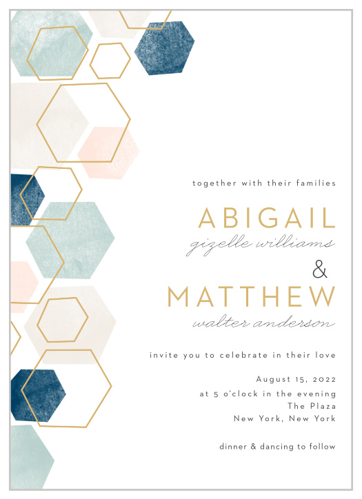 A geometric pattern in pink and blue hues with some gold hexagon outlines graces the left side of this invitation.