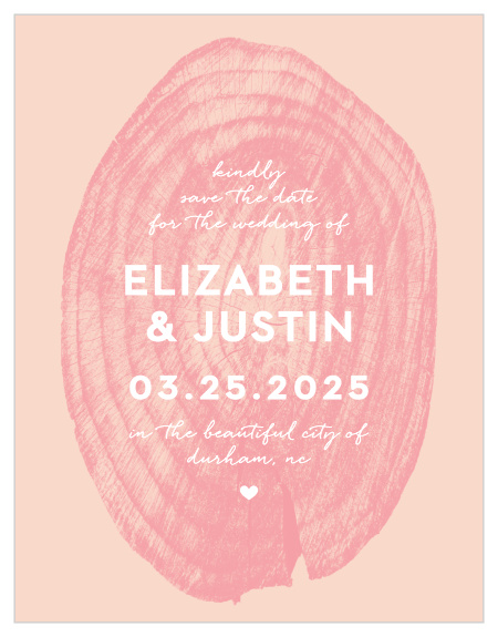 Our Wooden Love Save-the-Date Cards feature an intricate and semi-transparent, pomegranate colored wooden stump atop a ballet colored background. 