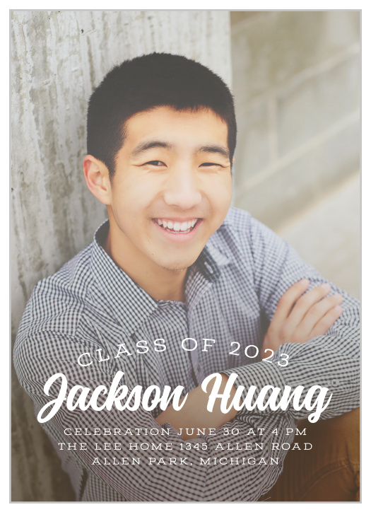 Your choice of photo decorates the background of our Streaming Senior Graduation Invitations- with a collection of solid white text flowing across its surface to ensure that the details are as easy to read as possible, these cards guarantee that you spend your big day surrounded by the people you care about most.