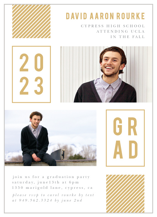 Complete with a duo of photos, a striped golden banner, and bold text, our Striped & Stacked Graduation Invitations are perfect for guaranteeing the attendance of the people you love most.