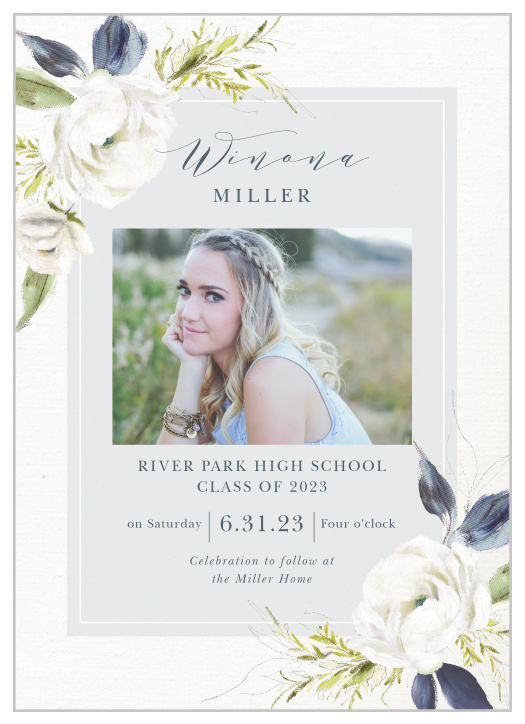 Choose the vintage beauty of our Oil Paint Textured Graduation Party Invitations. Gorgeous, blooming white roses decorate the opposite corners of the card, growing to cover part of the inner section.