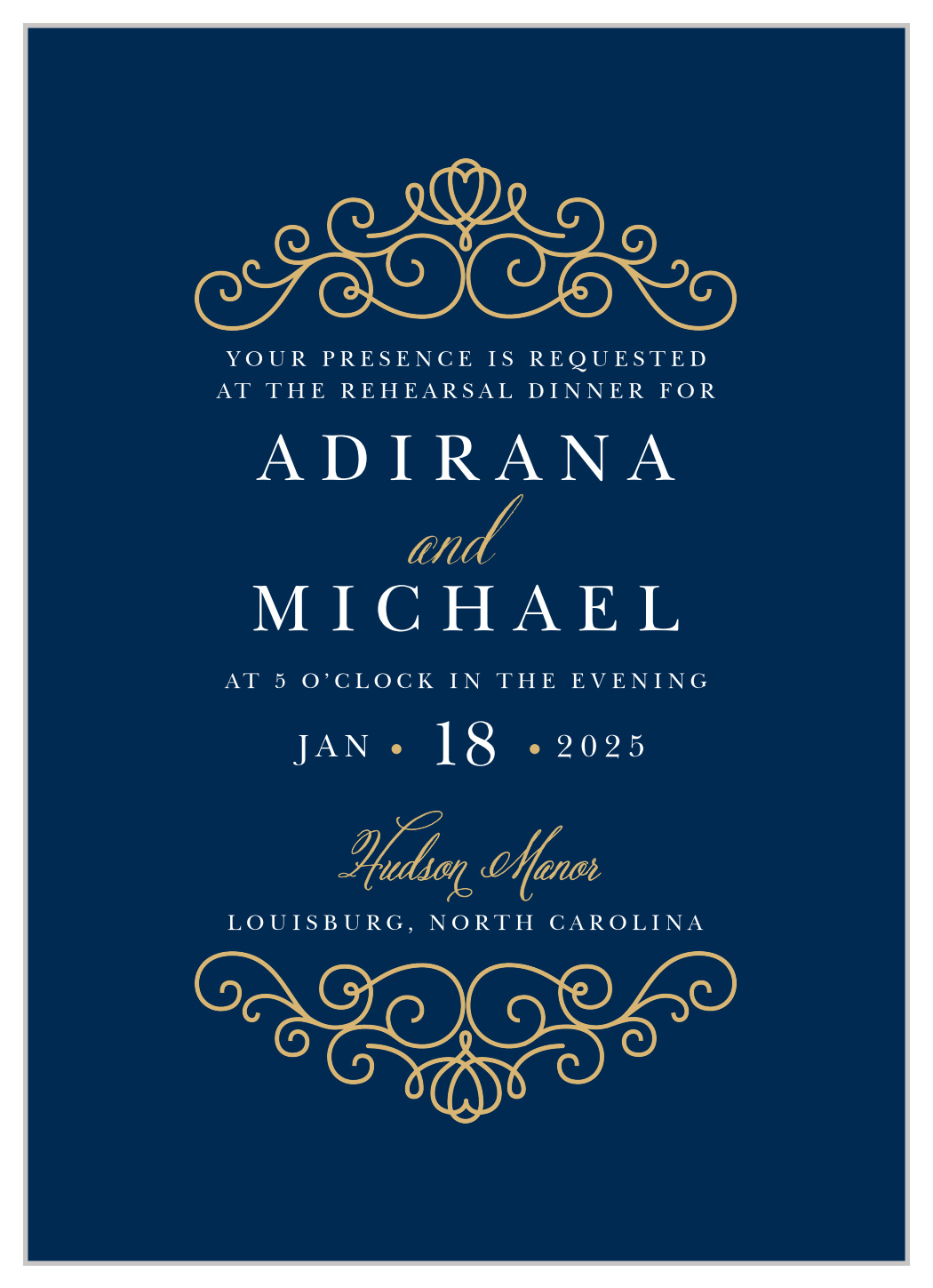 Royal Scrolls Rehearsal Dinner Invitations by Basic Invite