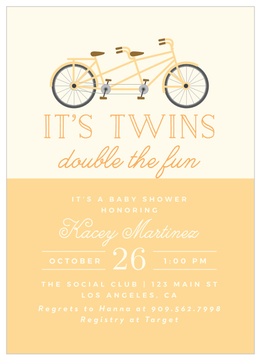 Our Tandem Twins Baby Shower Invitations are the perfect way to send twice the love to your future guests.