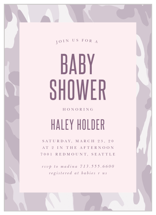 The best part about this camo invite is that it can be for a boy or girl, you can customize the colors of this invite to match accordingly with your baby shower theme. 