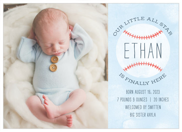 Introduce all of your loved ones to the new member of your team, with our Baseball Baby Birth Announcements!