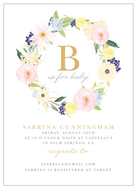 A large, monogrammed and gold foiled "B" sits within a softly colored flower crown.