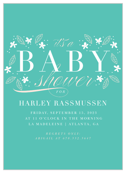 A deep aqua background is topped with darling floral decorations for our Baby's Breath Baby Shower Invitations.