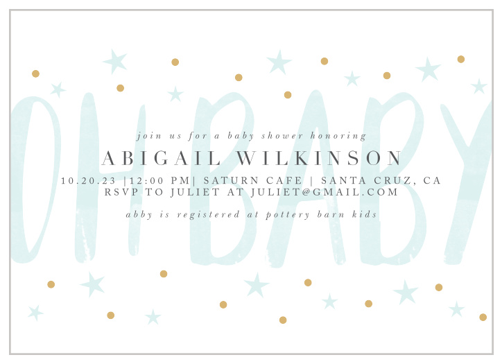 Our Delicate Night Baby Shower Invitations have a softly colored "oh baby" set behind your event info.