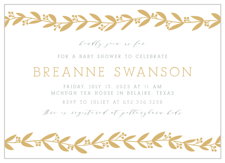 Our Elegant Berries Baby Shower Invitations feature two gold foiled vines that frame your event info.