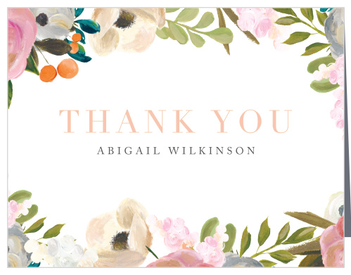 Our Gouache Blooms Baby Shower Thank You Cards feature a lovely, painted floral frame.