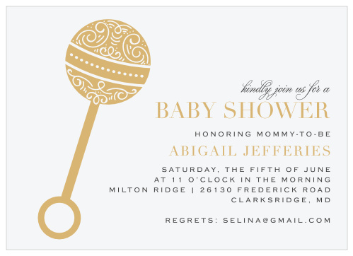 An intricate rattle done up in our luxurious, raised gold foil decorates the side of our Ornate Rattle Baby Shower Invitations.