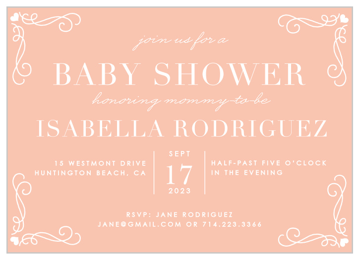 Our Swirls & Hearts Baby Shower Invitations are classically lovely.