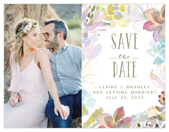 Rainbow hued, watercolor succulents frame your wedding details next to your gorgeous engagement photo.