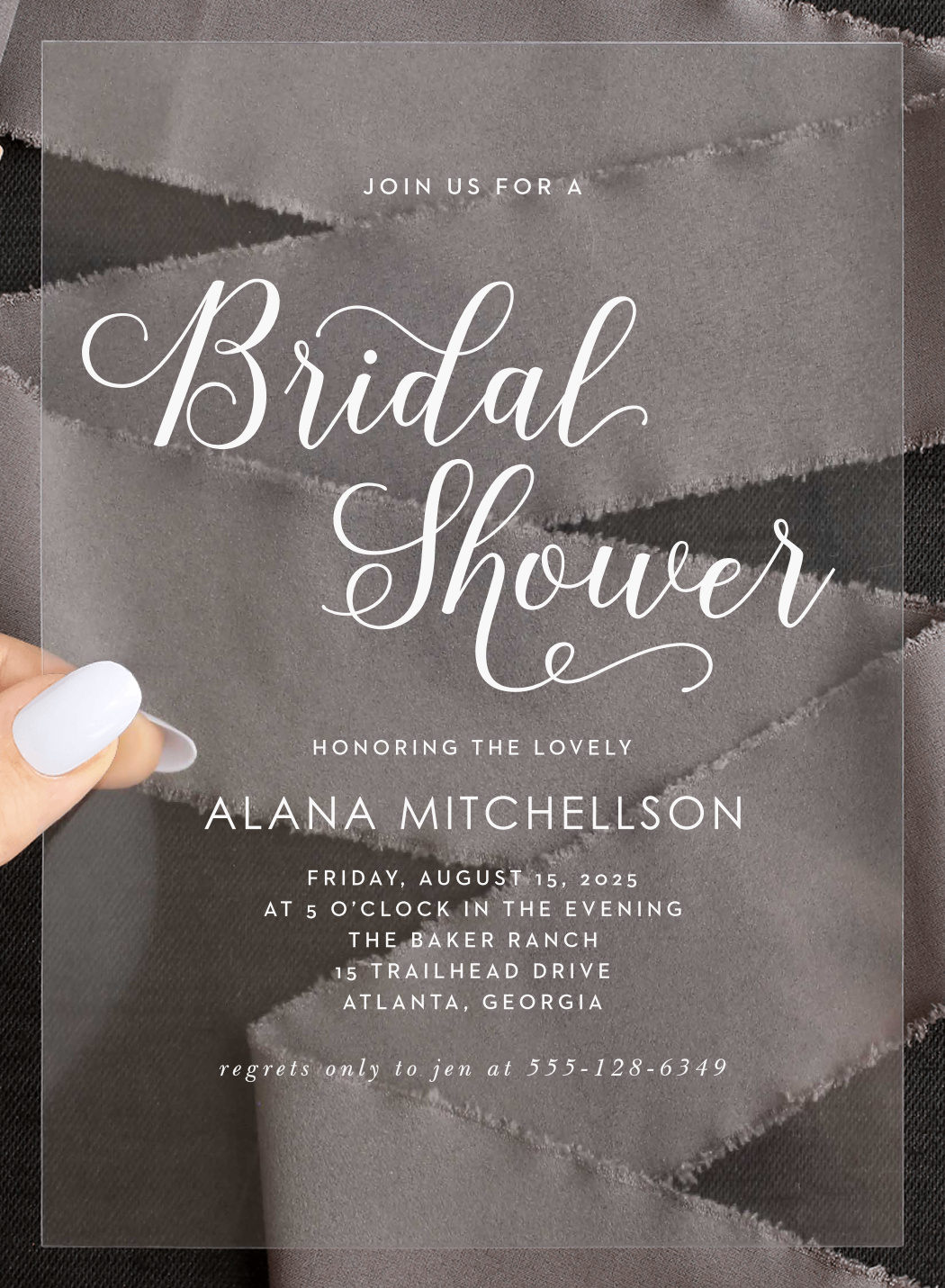 Big Calligraphy Clear Bridal Shower Invitations by Basic Invite