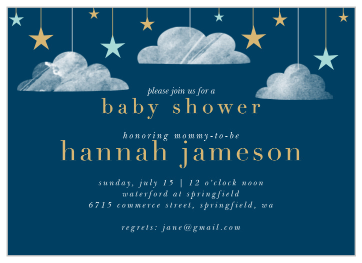 Bright stars and soft clouds descend from the top of our Dark Cloud Baby Shower Invitations.