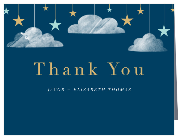 Bright stars and soft clouds descend from the top of our Dark Cloud Baby Shower Thank You Cards. 