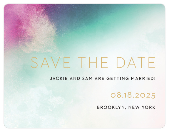 A heavily saturated pink, teal and indigo are blended together atop an exposed canvas for our Love Hues Save-the-Date Cards.