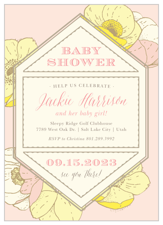 Our Vintage Blooms Baby Shower Invitations feature large pastel flowers atop a light coral background.