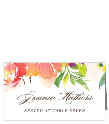 Our beautiful Colorful Garden Place Cards feature brightly colored, tropical flowers that are delicately draped atop your guests' details.