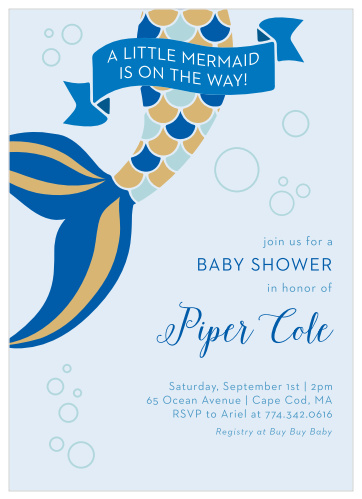 "A mini mermaid is on the way!" Celebrate this wonderful news with our Mini Mermaid Baby Shower Invitations! 