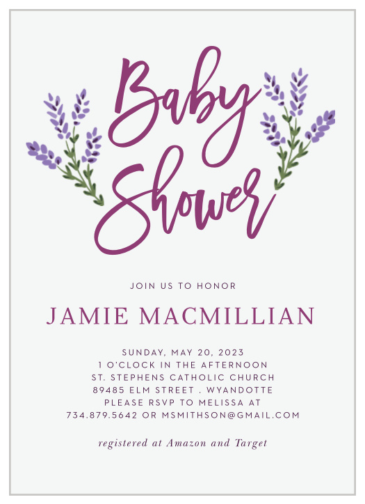 Let your love show with our Lavender Blooms Baby Shower Invitations. 