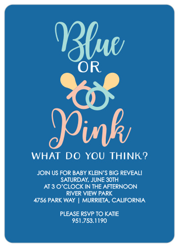 Our Blue or Pink Baby Shower Invitations have a bright and bold look that will excite everyone you send it to.