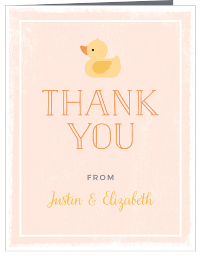 Our Little Duck Baby Shower Thank You Cards are bright and cheerful, featuring a peach background, a vintage print in papaya for your message of appreciation, and your names in a swirling yarrow-yellow.