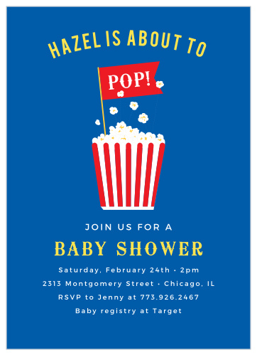 Our About to Pop Baby Shower Invitations feature a vintage, red and white striped popcorn bucket, with warm, buttery popcorn popping out of it.