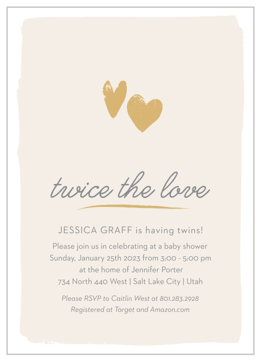 The Twice the Love Baby Shower Invitations have a hand-made feel your future guests will love. 