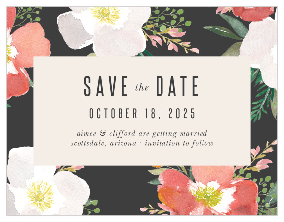 Our Spring Rose Save-the-Date Cards have a stormy grey border that is contrasted with brightly colored hibiscus flowers. 