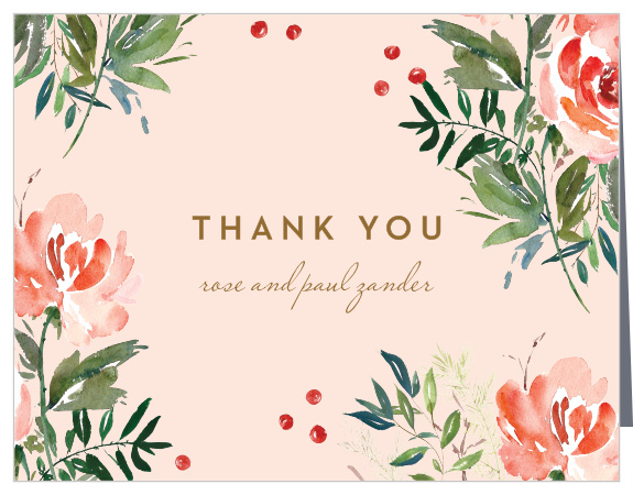 Spell out your appreciation with the warmth of our Winter Berries Wedding Thank You Cards. Stunning florals decorate every side of the card, encircling and enshrining the lovely message of gratitude you write in the center.