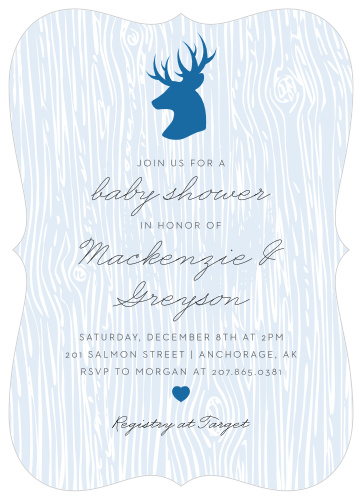 Celebrate the arrival of the newest member of your family with our Rustic Woodgrain Baby Shower Invitations. Featuring a stunning ensemble of colors, stag illustrations, and tasteful typefaces, these cards display all of the information your friends and family need in an easy-to-understand format.