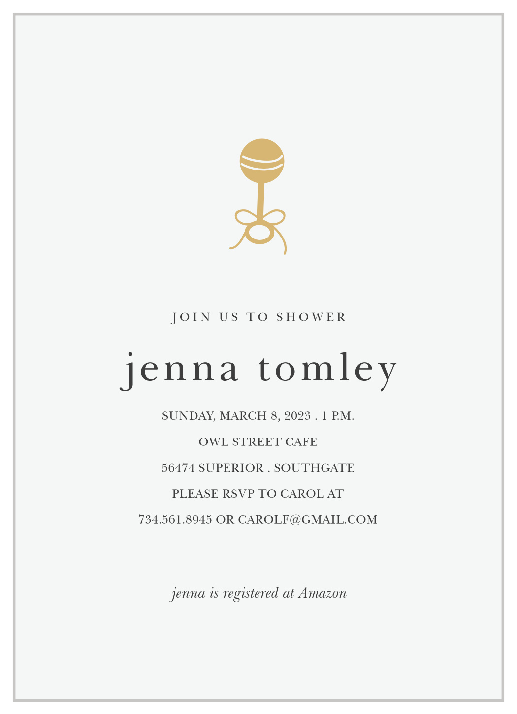 Golden Rattle Baby Shower Invitations by Basic Invite