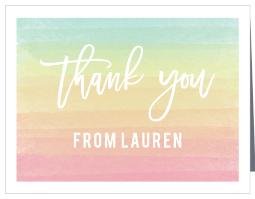 Our Rainbow Wash Baby Shower Thank You Cards show your appreciation in an elegant hand-drawn font on top of a rainbow background.