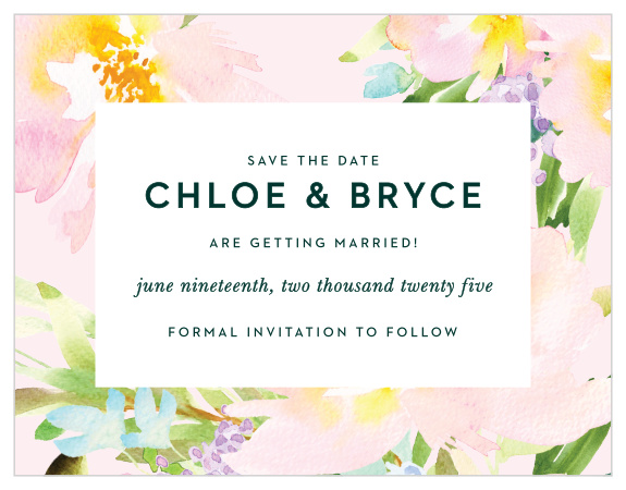The Citrus Flowers Save-the-Date Cards display a smoothie pink border that is adorned with pastel, painted florals. 