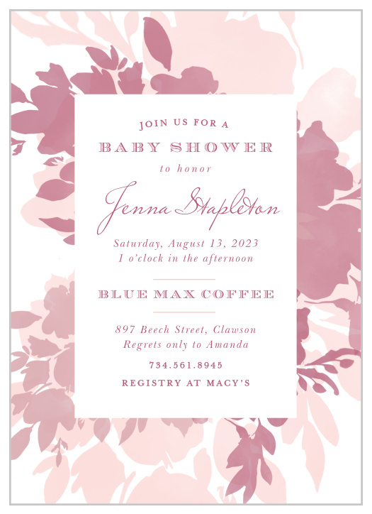 Our Blooming Watercolors Baby Shower Invitations feature multiple layers of watercolor blooms that are colored in varying shades of pink.