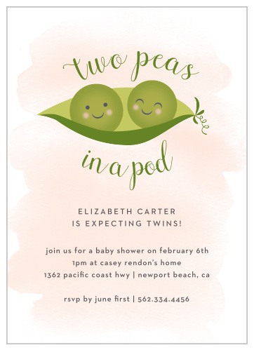 Share your excitement and celebrate the two to come with our Twin Peas Baby Shower Invitations.