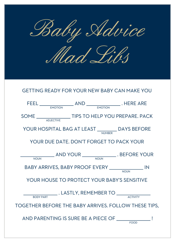 Royal Script Boy Baby Shower Mad Libs By Basic Invite