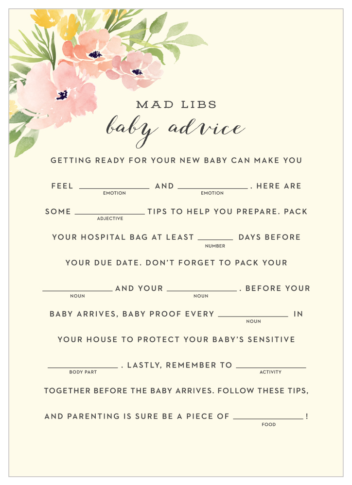 Pretty Poppies Baby Shower Mad Libs By Basic Invite