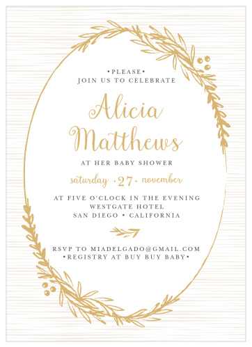 Frame your beautiful invitation in a delicately foiled wreath with the Golden Laurel Baby Shower Invitations. 